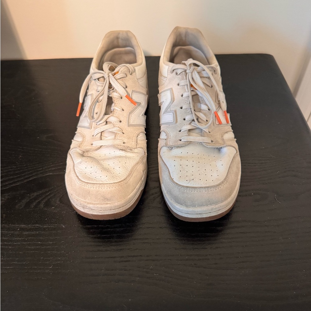 New Balance Men’s Beige Suede Lace-Up Sneakers with Orange Accents